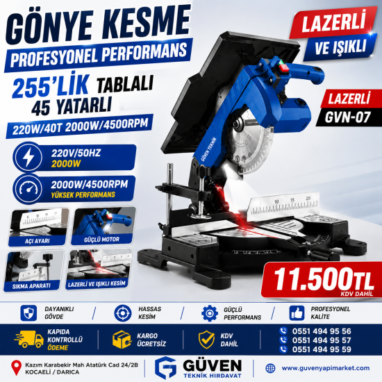 ÜSTTEN TABLALI 255LİK 45 YATARLI GÖNYE KESME