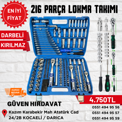 216 Parça 72 Diş Eğik Cırcır Lokma Takımı Oto Tamirci Seti