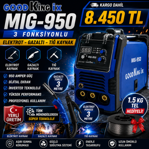 GOOD KİNG İX MIG-950 3 FONKSİYONLU Gazsız Gazaltı ve Elektrot Kaynak Makinesi GOOD KİNG İX MIG-950 3 FONKSİYONLU Gazsız Gazaltı ve Elektrot Kaynak Makinesi