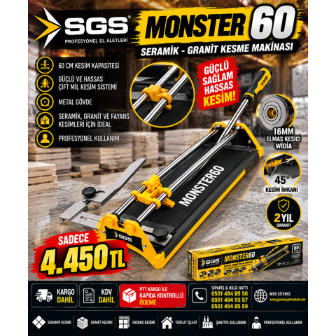 Monster 60 Profesyonel Fayans Ve Granit Kesme Makinesi 60 Cm 16mm Elmas Rulman Metal Gövde
